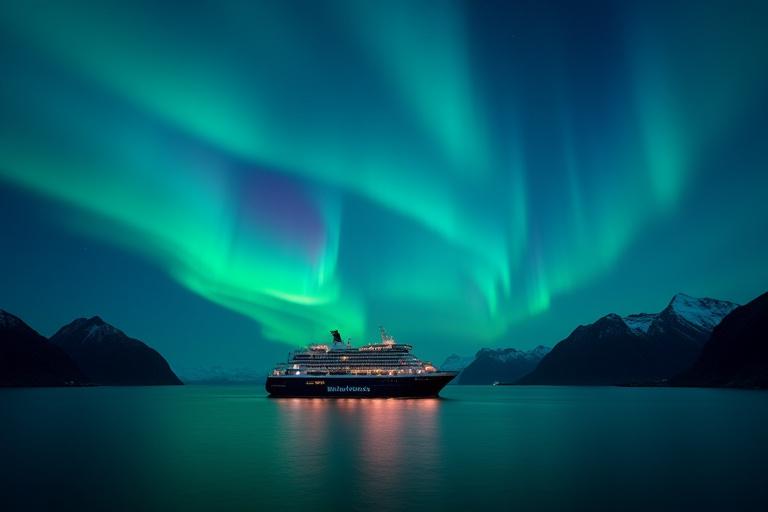 Nordlys som danser over et Millrun Marine skip i Lofoten.